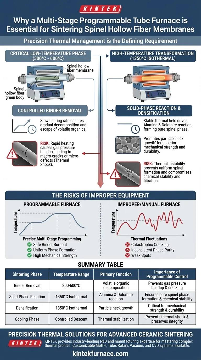 Por que um forno tubular programável de múltiplos estágios é necessário para a sinterização de corpos verdes de membrana de fibra oca de espinélio? Guia Visual