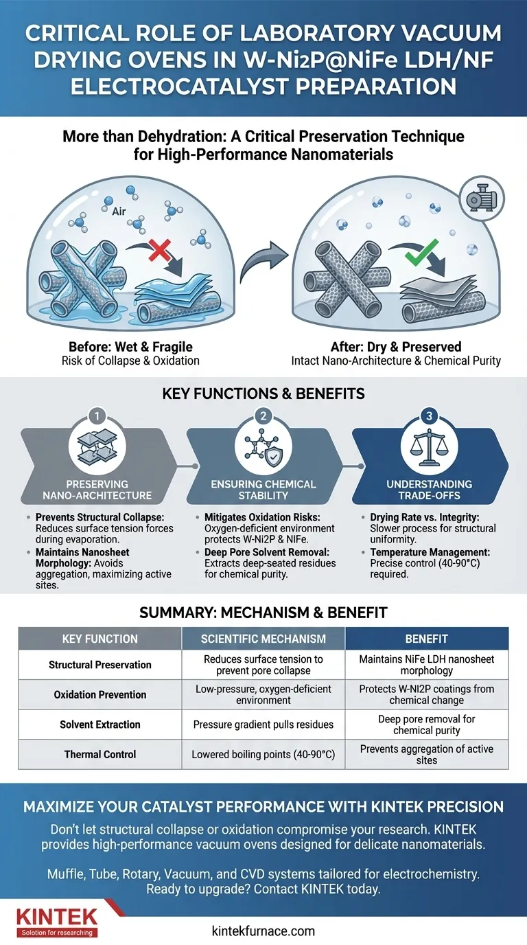 在 W-Ni2P@NiFe LDH/NF 制备中，实验室真空干燥箱的作用是什么？优化电催化剂 图解指南