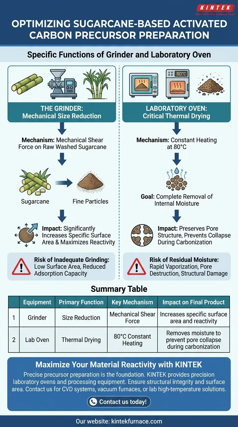 ما هي الوظائف المحددة للطاحونة وفرن المختبر أثناء تحضير الكربون المنشط القائم على قصب السكر؟ دليل مرئي