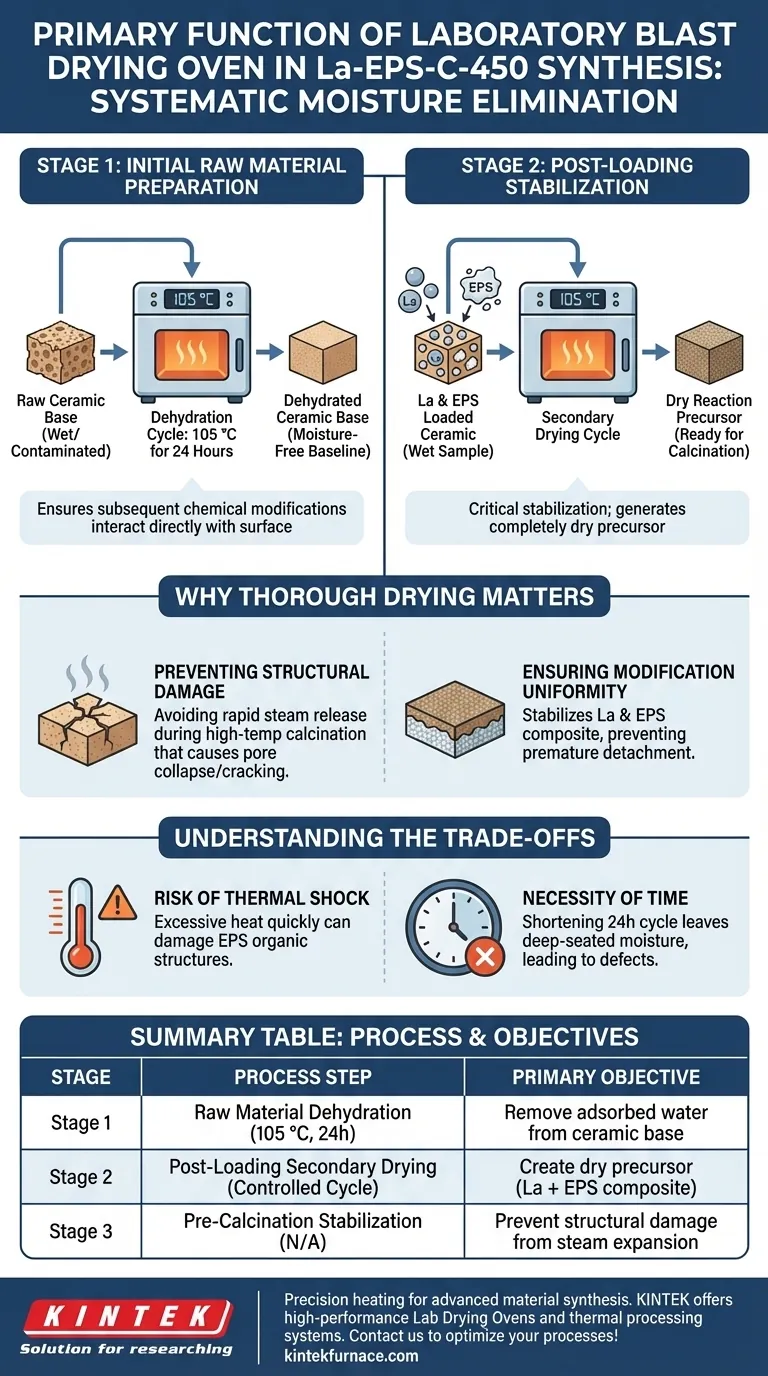 Qual é a função principal de um forno de secagem por sopro de laboratório? Preparação Essencial para Adsorventes Cerâmicos La-EPS-C-450 Guia Visual