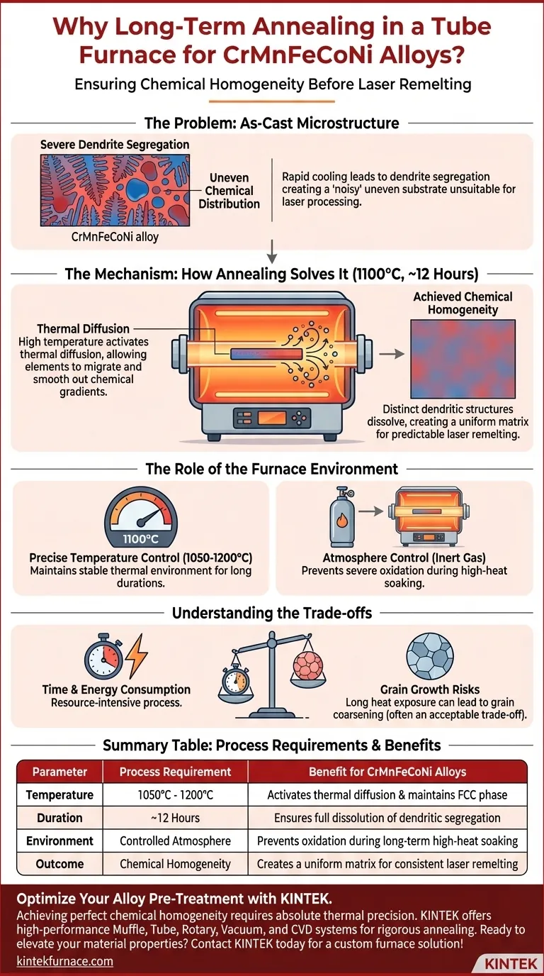CrMnFeCoNi 합금의 장기 어닐링에 고온 튜브로가 사용되는 이유는 무엇인가요? 화학적 균질성 달성 시각적 가이드
