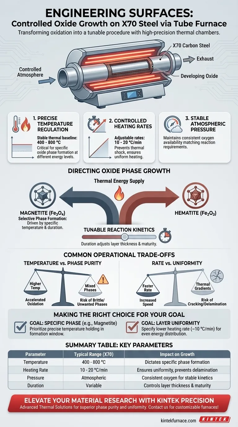 ¿Cómo facilita un horno tubular el crecimiento de capas de óxido controladas en acero al carbono X70? Precisión de ingeniería Guía Visual