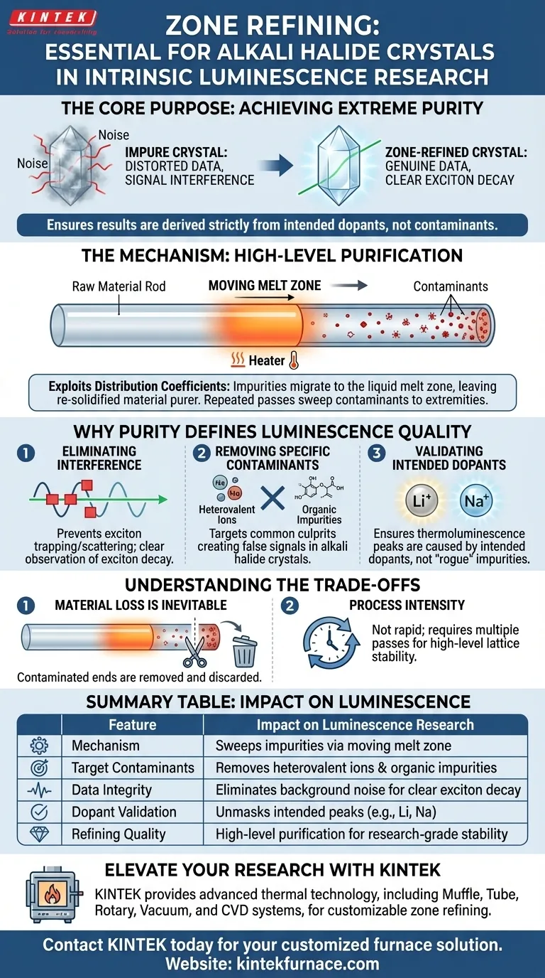 Perché la raffinazione a zone è essenziale per i cristalli di alogenuri alcalini? Ottenere dati puri di luminescenza intrinseca Guida Visiva