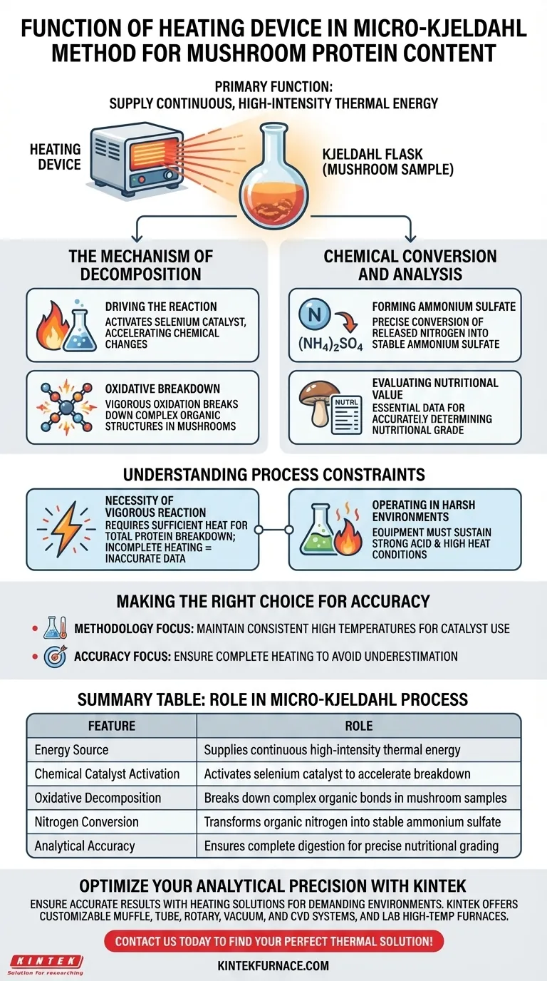 ¿Cuál es la función del dispositivo de calentamiento en el método de micro-Kjeldahl? Domina el análisis de proteínas en champiñones Guía Visual