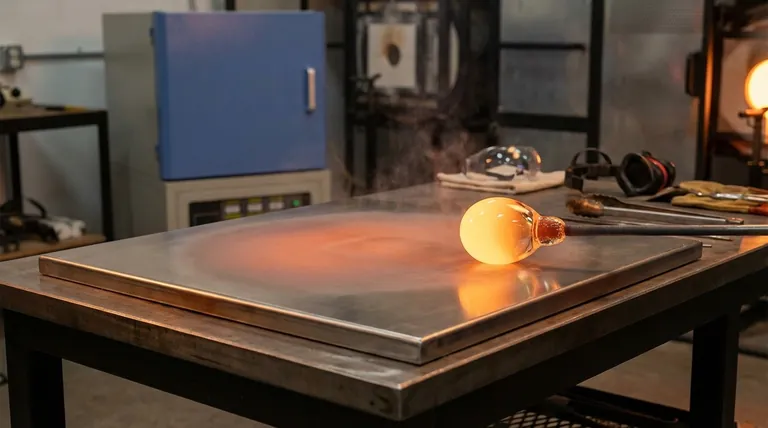 What is the purpose of using a preheated stainless steel plate when processing molten glass? Avoid Thermal Stress.