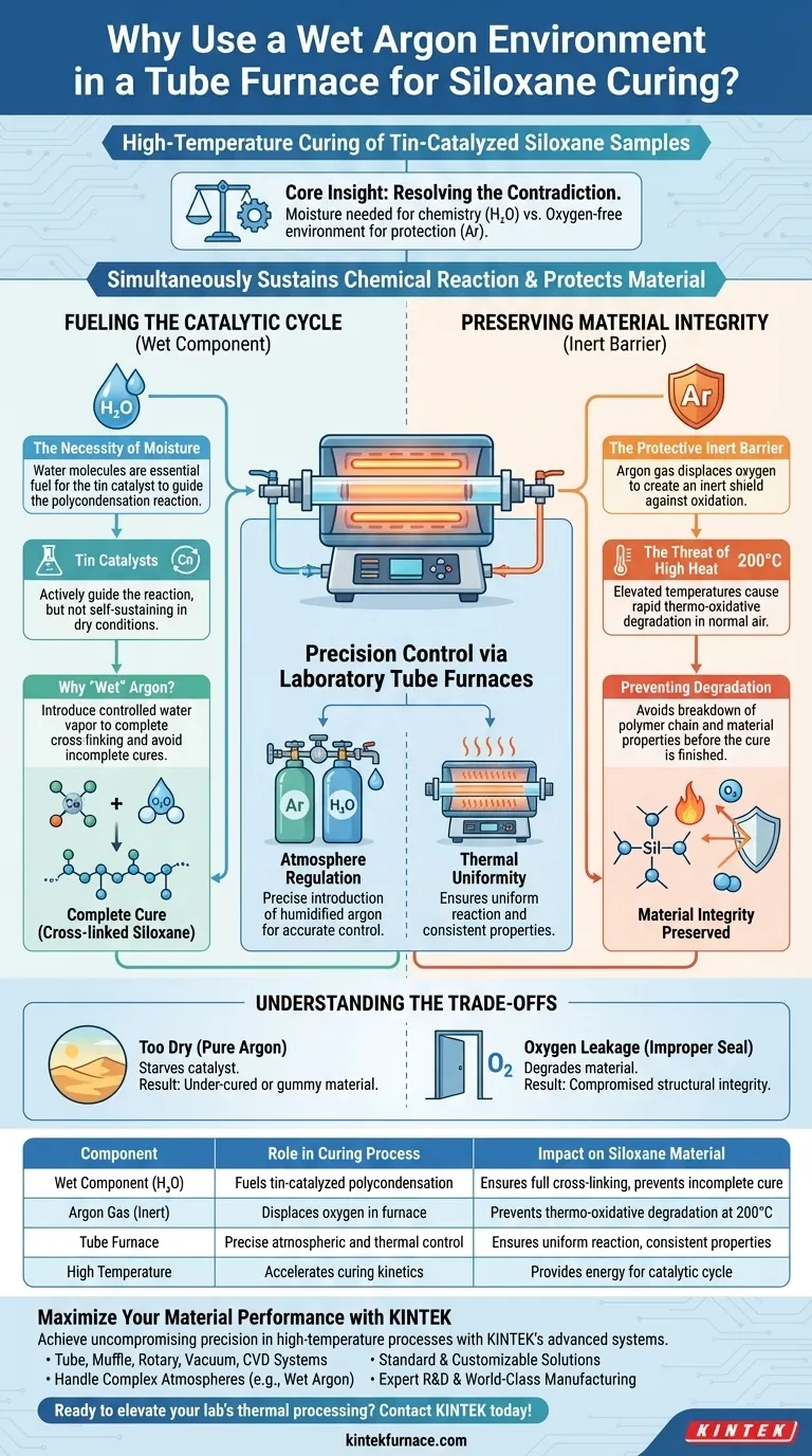 Qual é o propósito específico de usar um forno tubular de laboratório com um ambiente de argônio úmido? Otimizar a Cura de Siloxanos Guia Visual