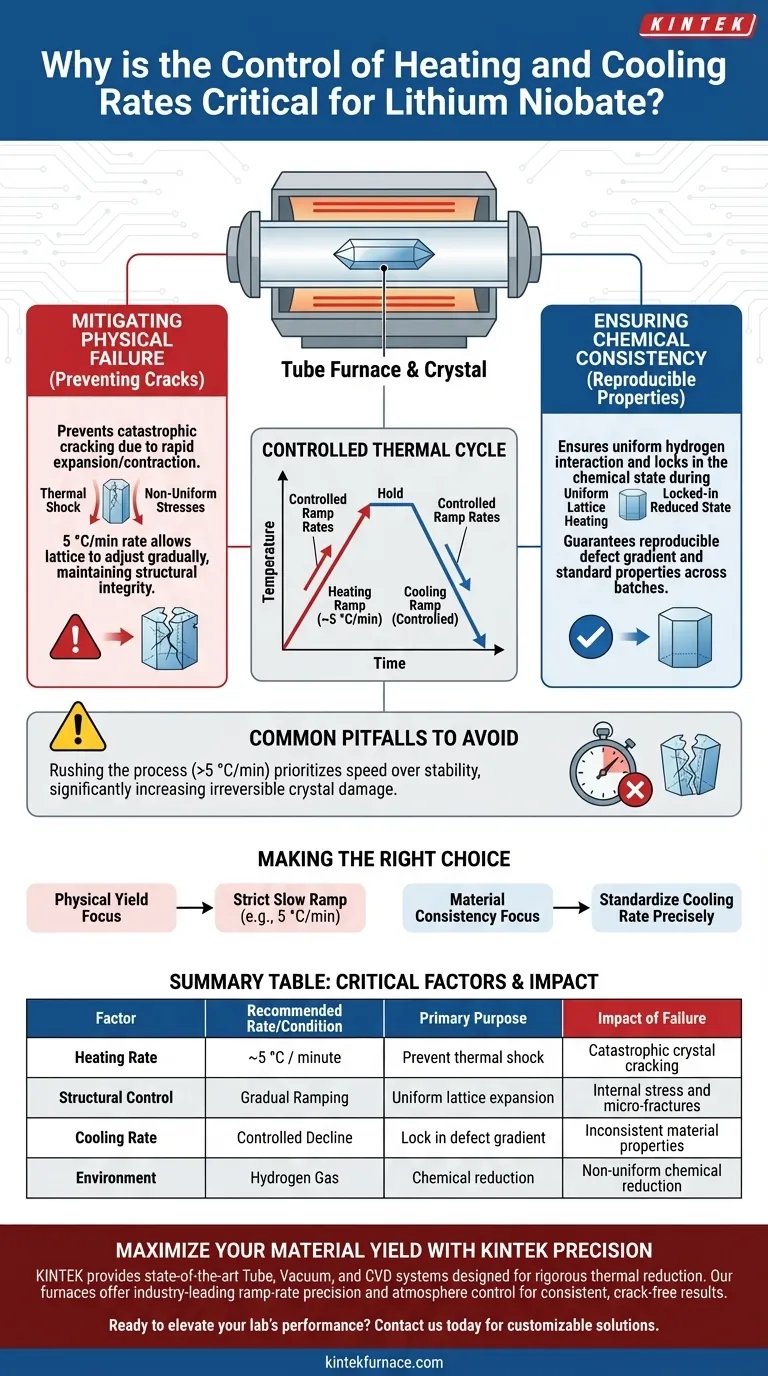 Por que o controle das taxas de aquecimento e resfriamento em um forno tubular é crítico para a redução térmica do niobato de lítio? Guia Visual