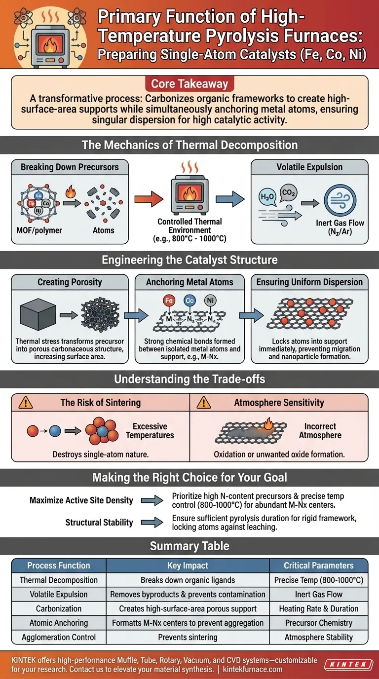 ¿Cuál es la función principal de un horno de pirólisis a alta temperatura? Guía experta para la preparación de catalizadores de átomo único Guía Visual