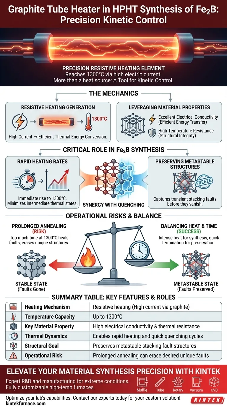 Quel rôle joue un réchauffeur à tube de graphite dans la synthèse HPHT du Fe2B ? Chauffage de précision pour les matériaux métastables Guide Visuel