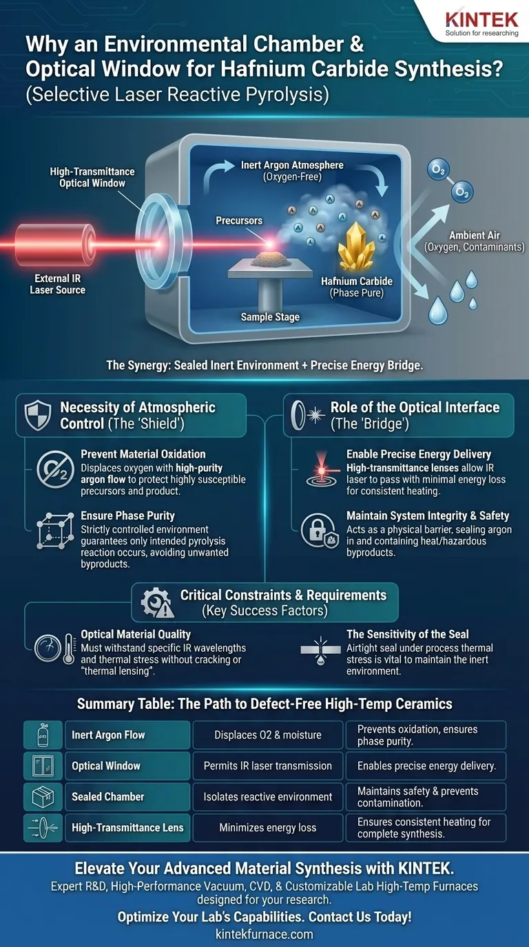 Por que uma câmara de laboratório ambiental equipada com uma janela óptica é necessária para a síntese de Carboneto de Háfnio? Guia Visual