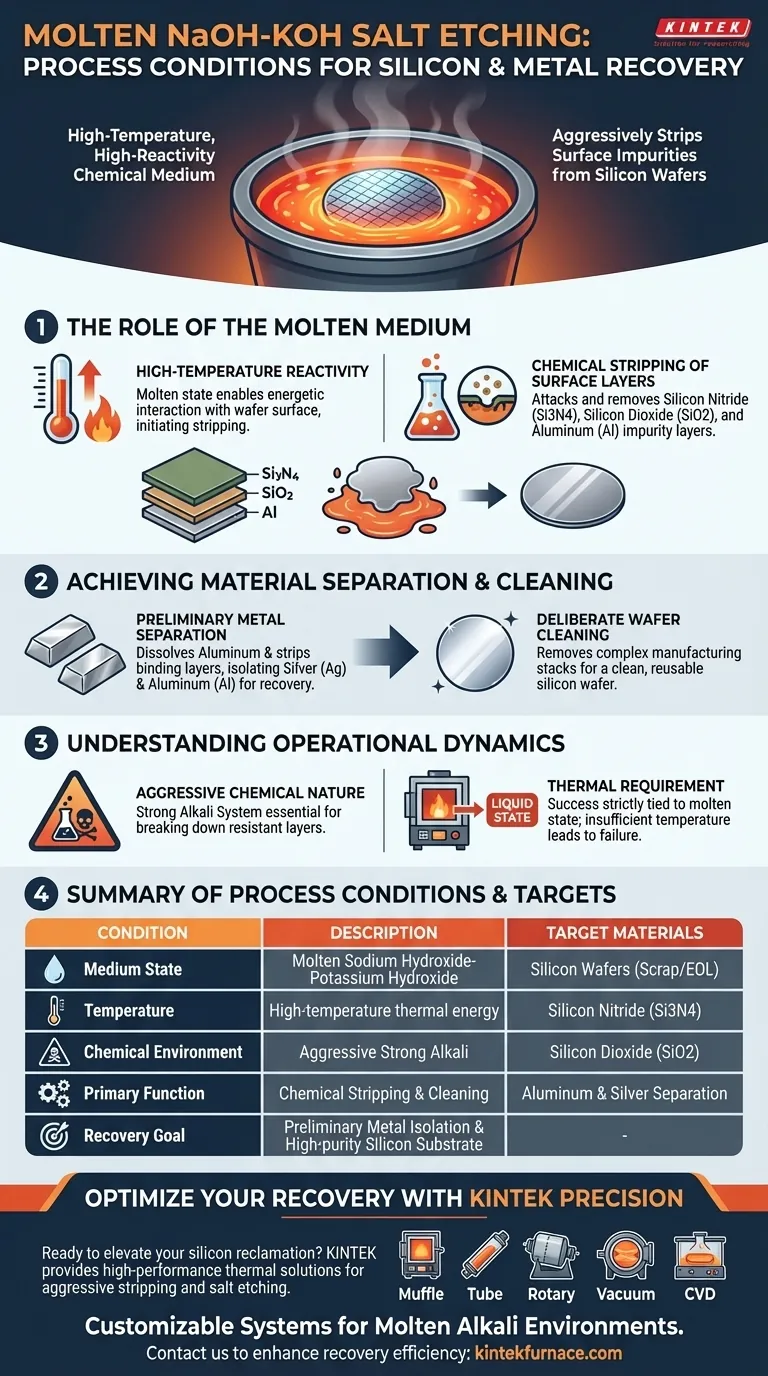 Quali condizioni di processo sono fornite dal sistema fuso NaOH-KOH? Incisione ad alta temperatura con sali per il recupero del silicio Guida Visiva