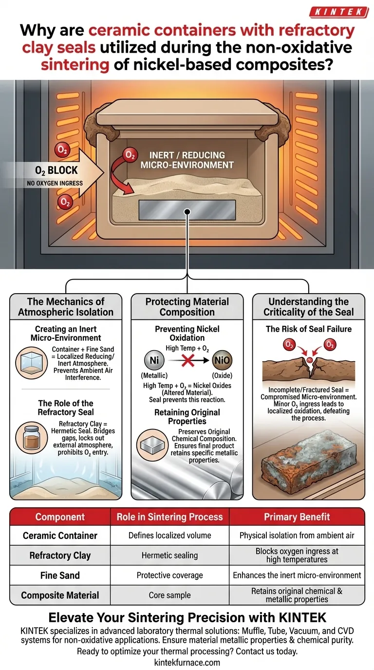 ¿Por qué se utilizan recipientes cerámicos con sellos de arcilla refractaria durante el sinterizado no oxidativo de composites de níquel? Guía Visual