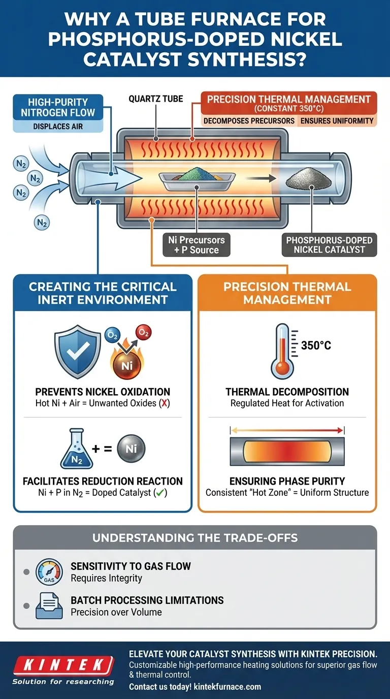 Por que um forno tubular é necessário durante a síntese de catalisadores de níquel dopados com fósforo usando nitrogênio de alta pureza? Guia Visual