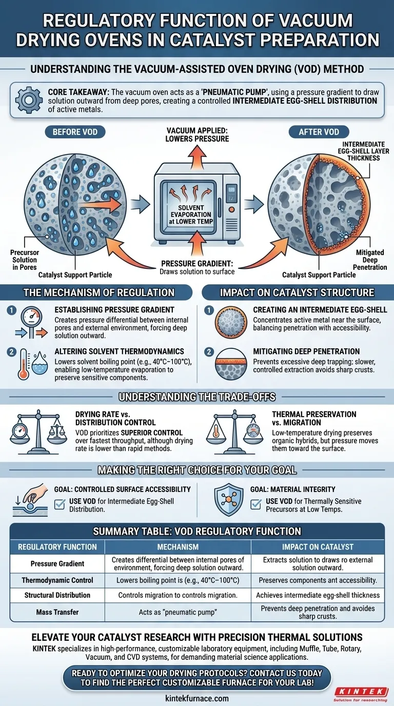 What is the regulatory function of a vacuum drying oven? Master Catalyst Preparation and Distribution Control Visual Guide