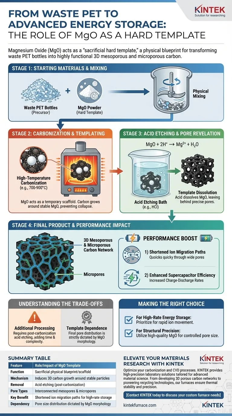 ¿Por qué se utiliza MgO como plantilla dura para la conversión de PET residual a carbono? Desbloqueo de estructuras porosas en 3D Guía Visual