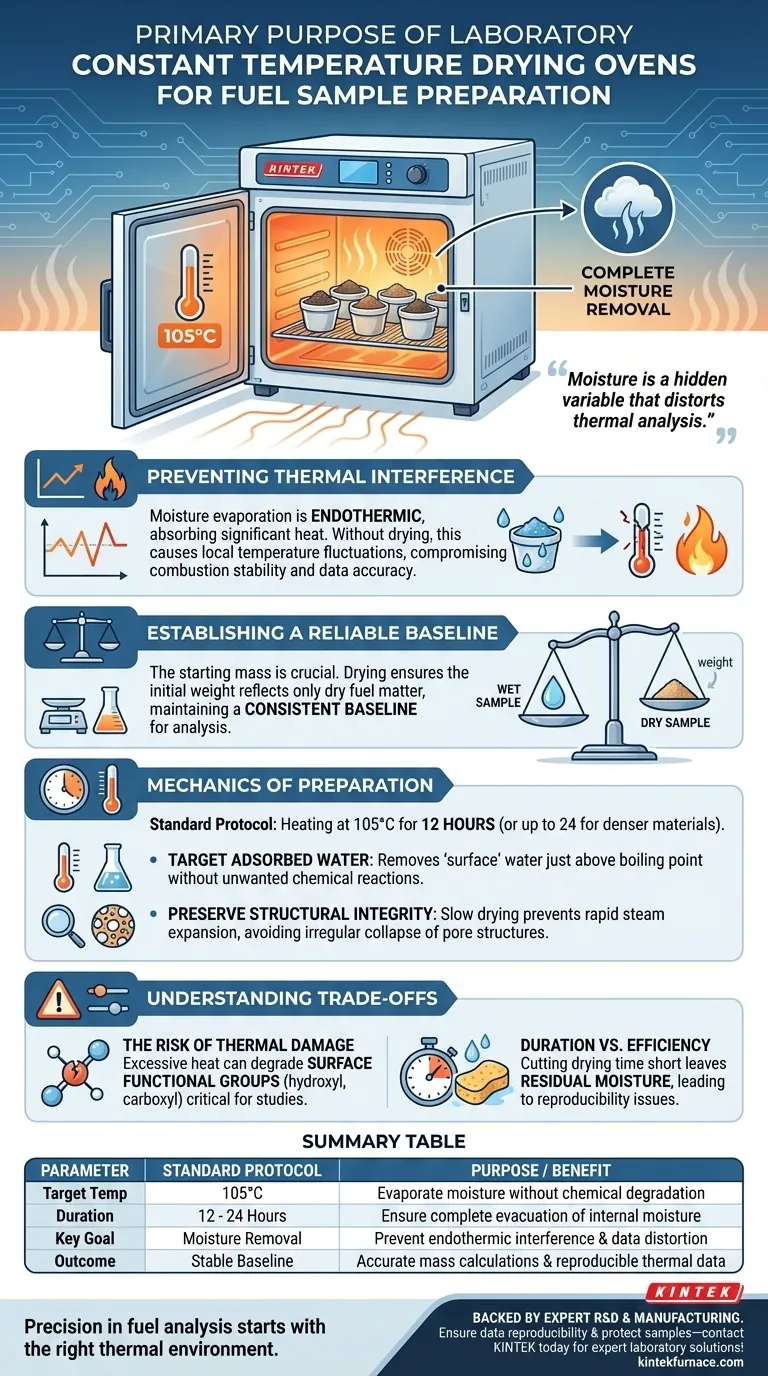 ¿Cuál es el propósito principal de usar un horno de secado a temperatura constante de laboratorio para la preparación de muestras de combustible? Guía Visual