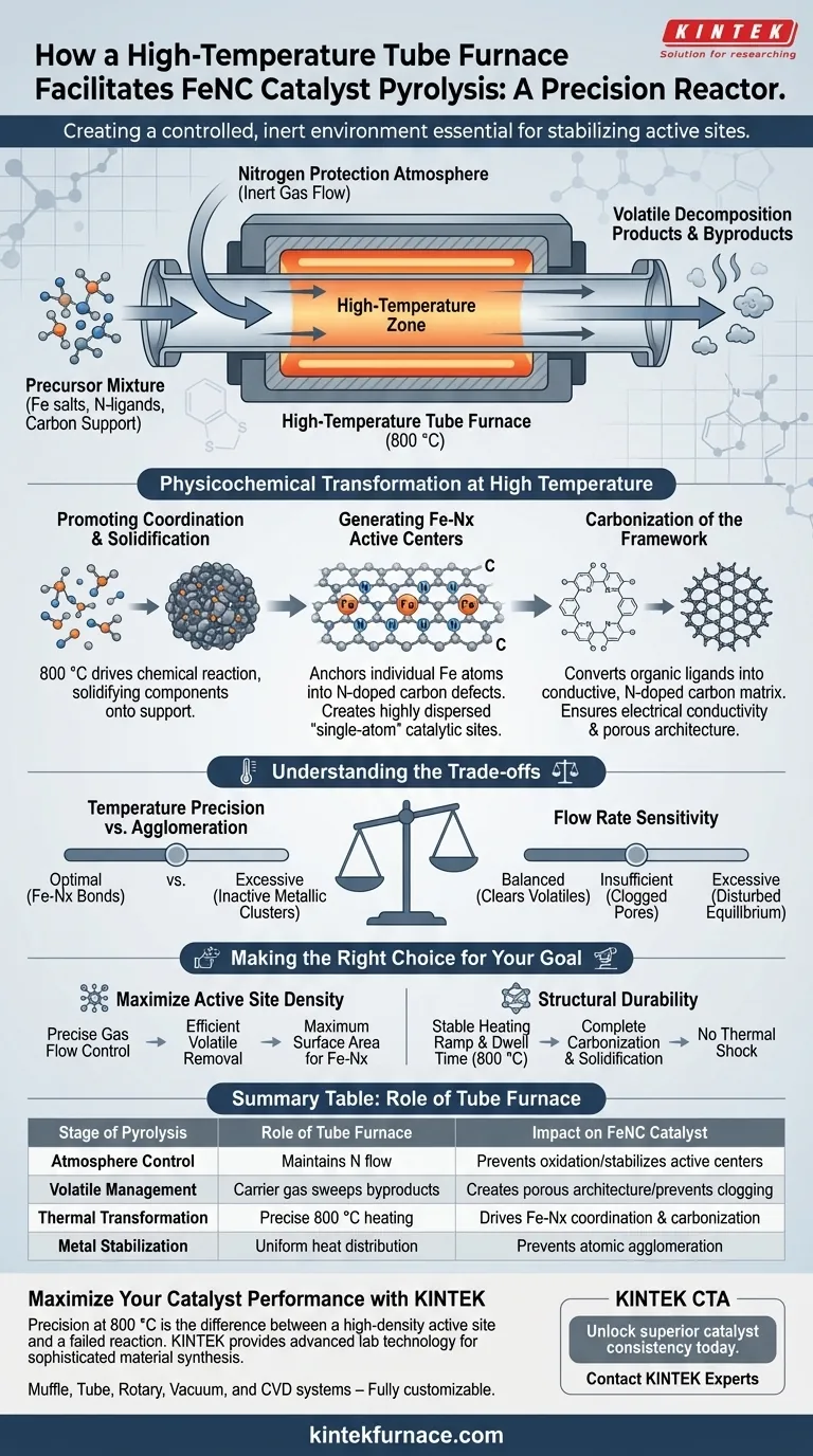 Como um forno tubular de alta temperatura facilita o estágio de pirólise em catalisadores FeNC? Processamento Térmico de Precisão Guia Visual