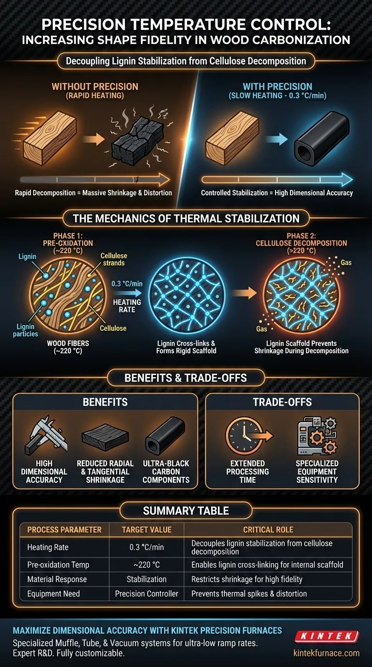 목재 탄화에 정밀 온도 제어 시스템이 필수적인 이유는 무엇인가요? 완벽한 형상 충실도 달성 시각적 가이드