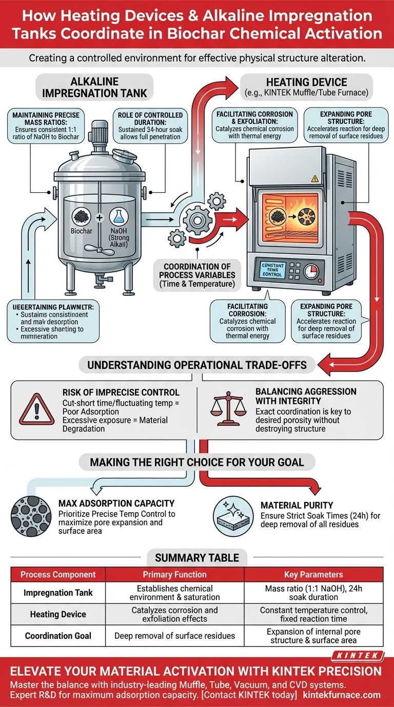 Come si coordinano i dispositivi di riscaldamento e i serbatoi di impregnazione alcalina nell'attivazione del biochar per massimizzare l'adsorbimento? Guida Visiva