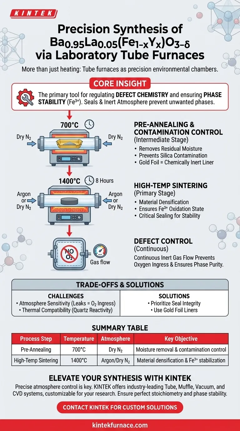 Como os fornos tubulares de laboratório contribuem para a sinterização de Ba0.95La0.05(Fe1-xYx)O3-δ? Controle Preciso da Atmosfera Guia Visual