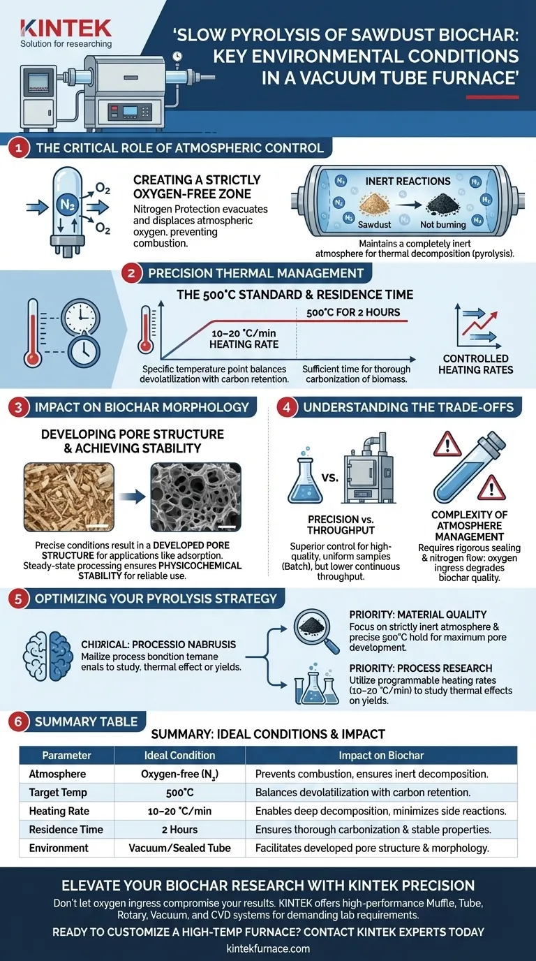 Que condições ambientais um forno de tubo a vácuo fornece para biochar de serragem? Obtenha controle preciso da pirólise Guia Visual