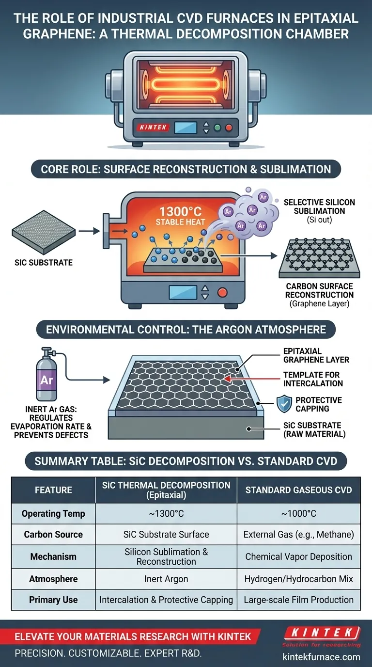 Qual o papel de um forno CVD de grau industrial em substratos de grafeno epitaxial? Mestre Sublimação de SiC Guia Visual