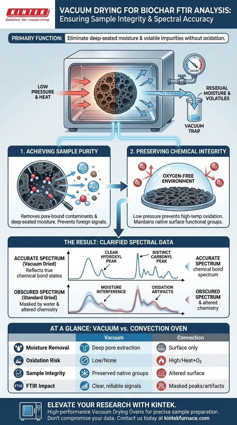 ¿Cuál es la función de un horno de secado al vacío para el análisis FTIR de biocarbón? Asegurar la preparación de muestras de alta pureza Guía Visual