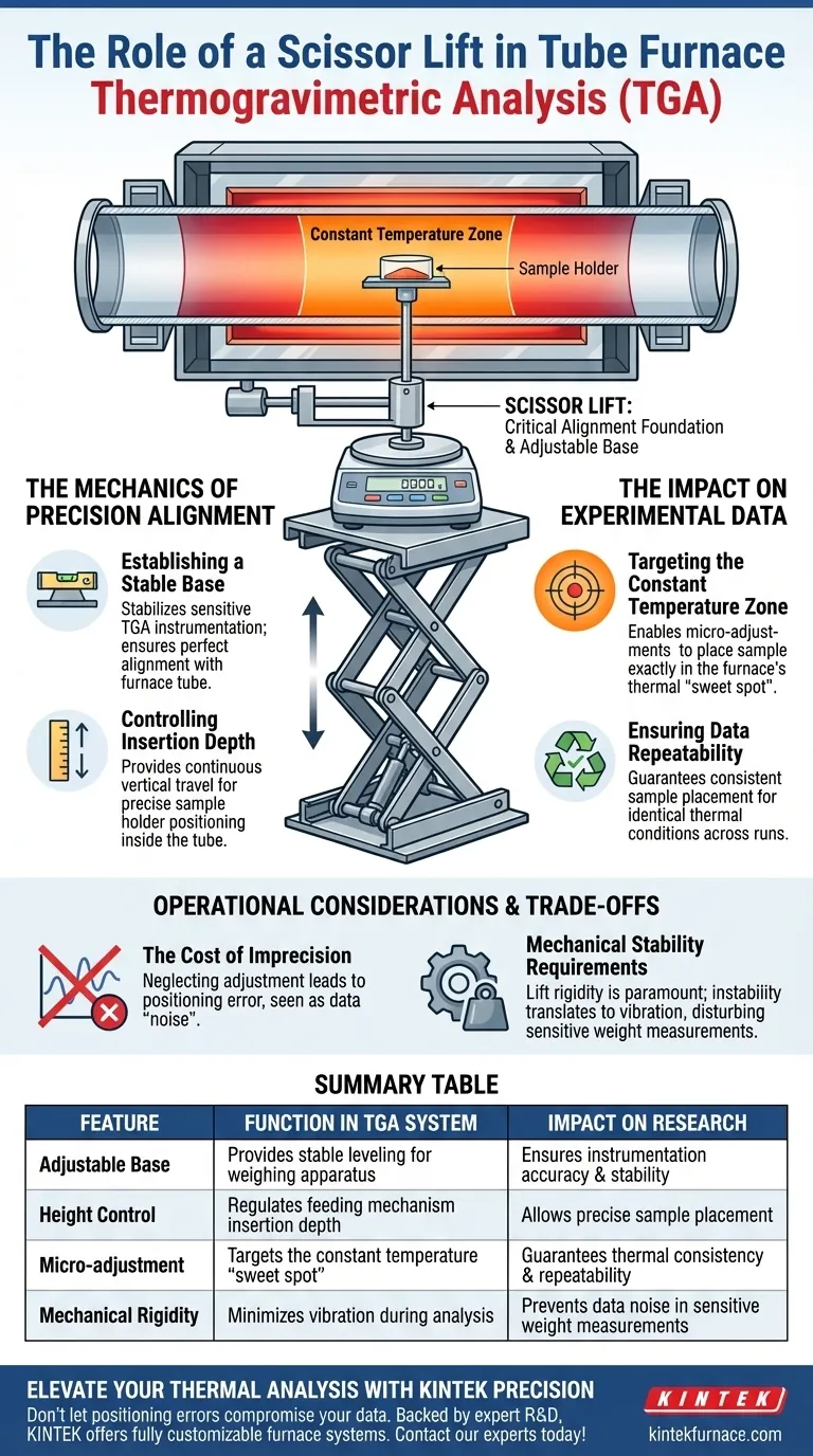 Quale ruolo svolge un sollevatore a forbice nel sistema di analisi termogravimetrica di un forno tubolare? Guida di allineamento di precisione Guida Visiva