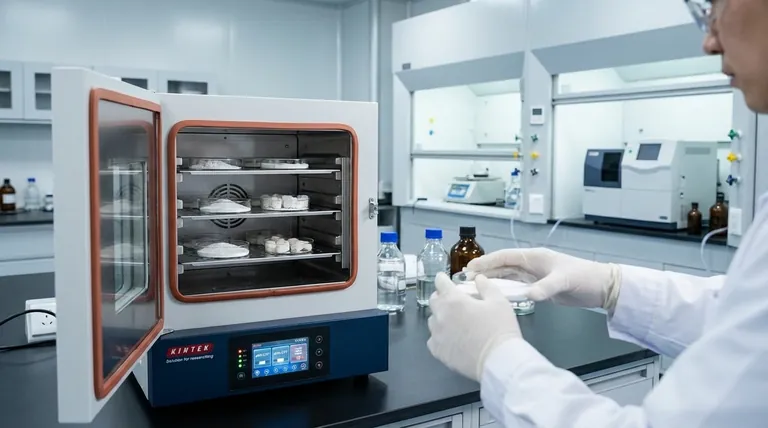 Como um forno de secagem a vácuo de laboratório contribui para a fase de pós-processamento de produtos pBN-CTF?