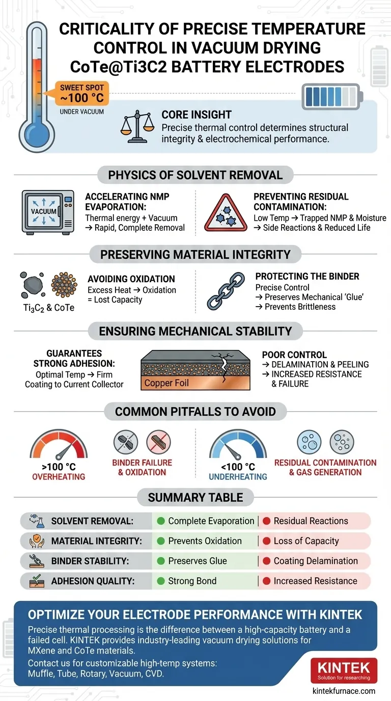 ¿Por qué es crucial un control preciso de la temperatura en un horno de secado al vacío para los electrodos de batería CoTe@Ti3C2? Perspectivas clave. Guía Visual