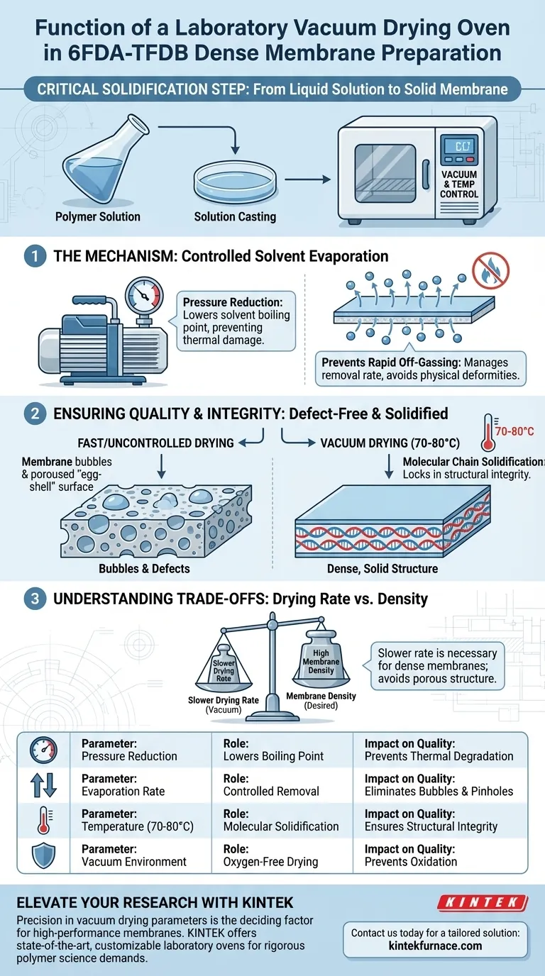 Qual è la funzione di un forno di essiccazione sotto vuoto da laboratorio nella preparazione di membrane dense 6FDA-TFDB? Guida Visiva