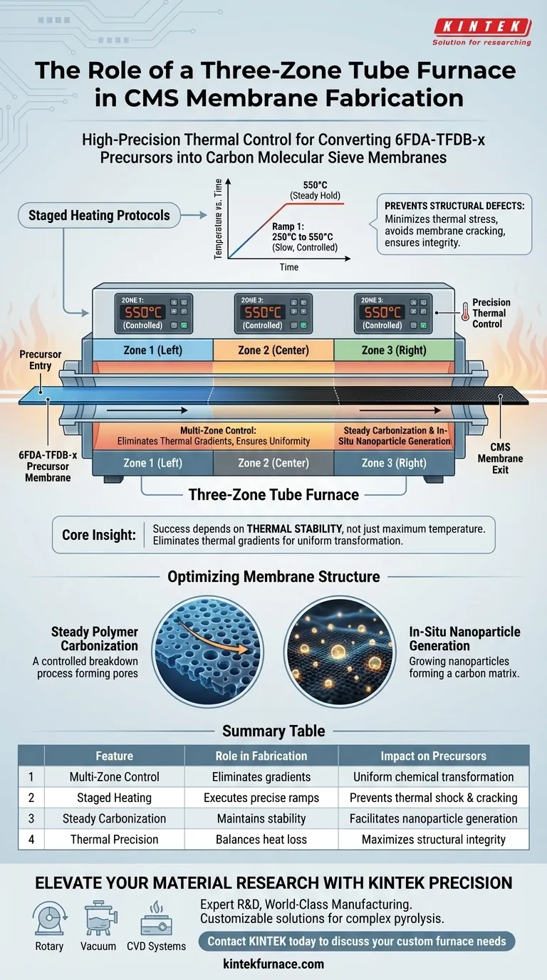 Какую роль играет трехзонная трубчатая печь в преобразовании прекурсоров 6FDA-TFDB-x? Точная карбонизация мембран CMS Визуальное руководство