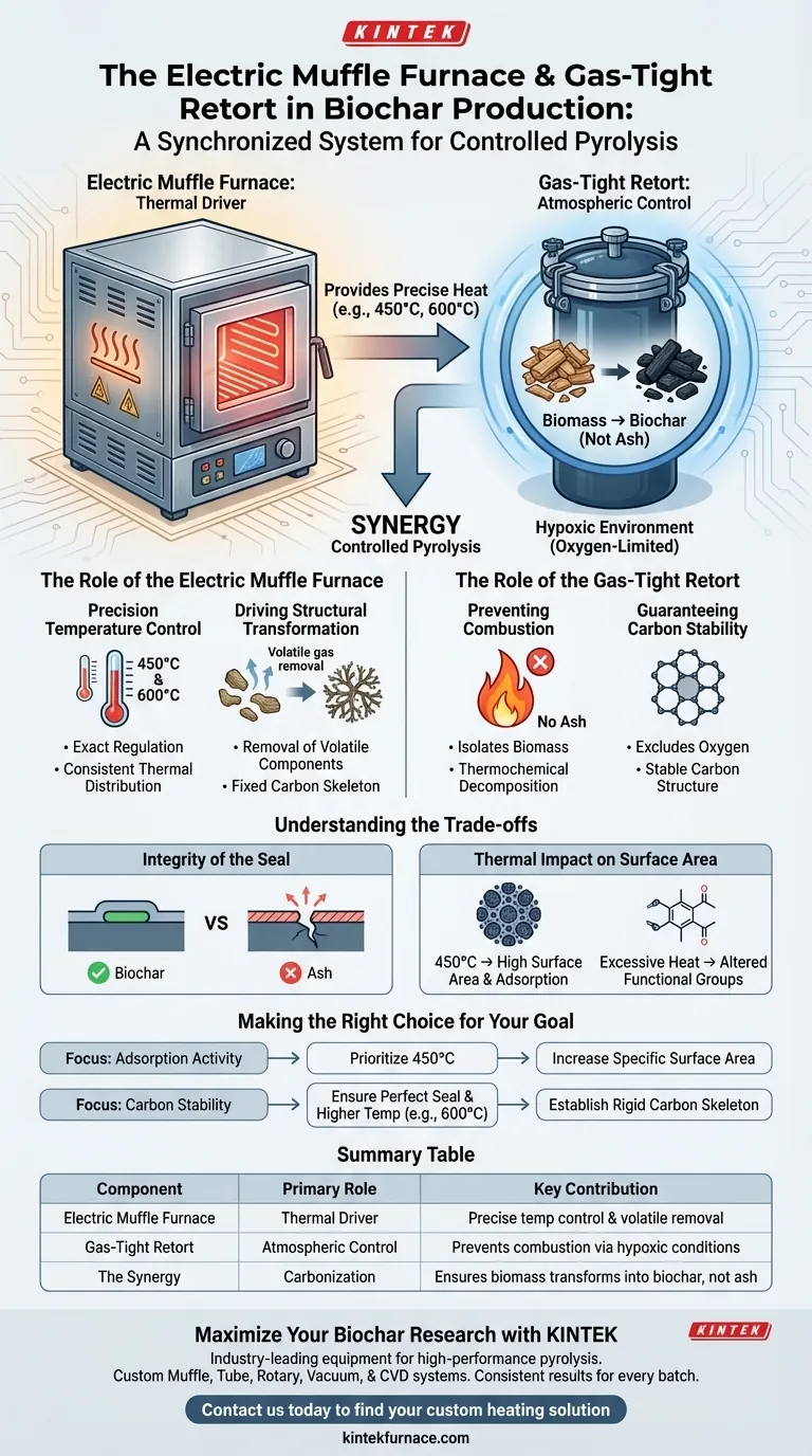 バイオ炭製造において、電気マッフル炉と気密レトルトはどのような役割を果たしますか？マスター制御熱分解 ビジュアルガイド