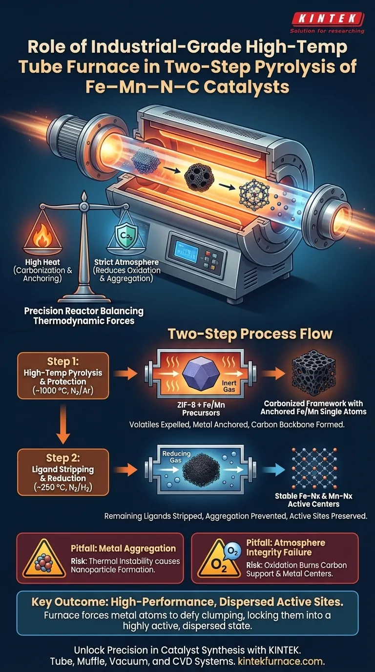 ¿Qué papel juega un horno tubular de alta temperatura de grado industrial en la pirólisis de dos pasos de Fe–Mn–N–C? Optimizar la síntesis Guía Visual