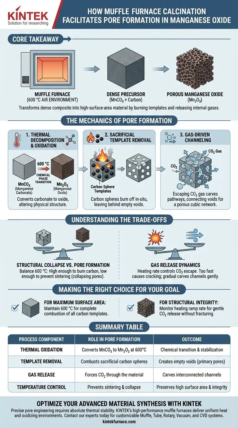 Como o processo de calcinação em um forno mufla facilita a formação de poros no óxido de manganês? Guia Visual