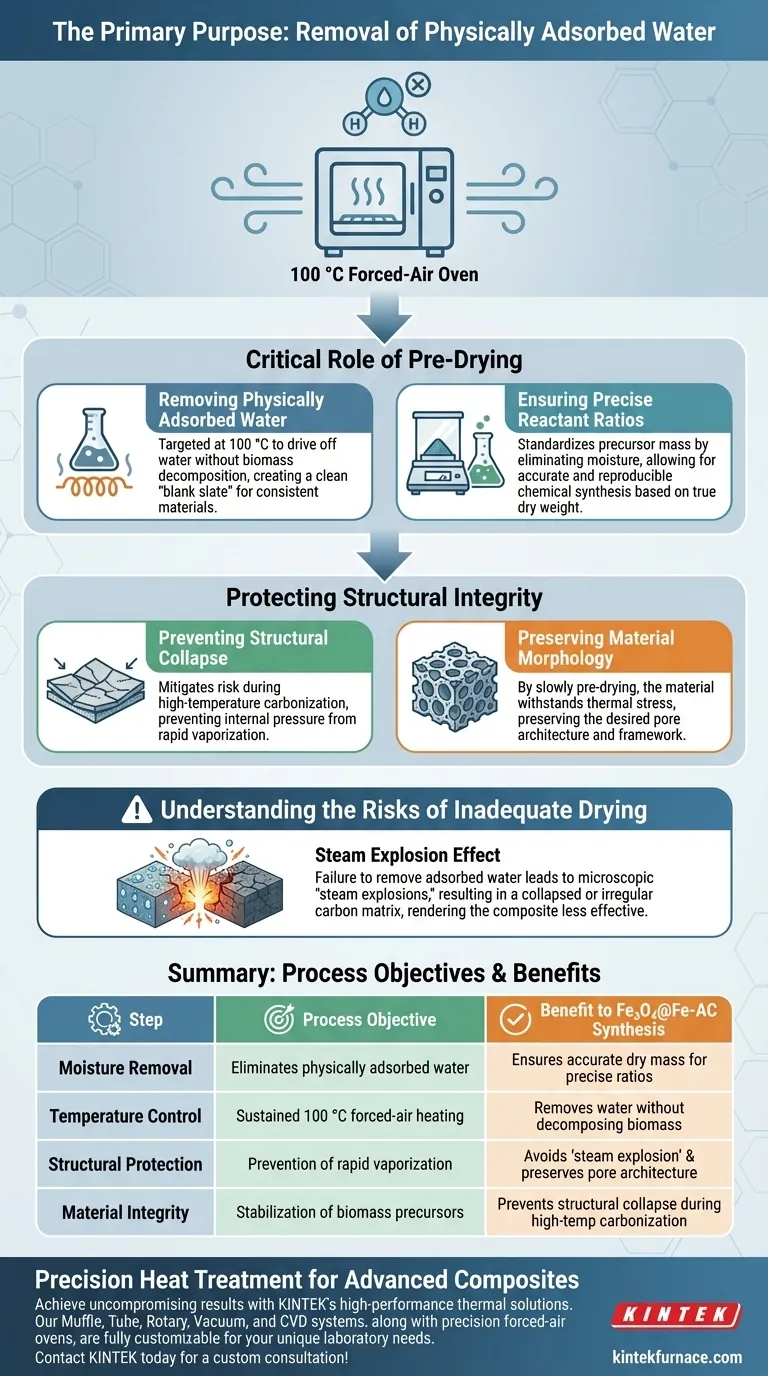 ¿Cuál es el propósito de usar un horno de secado por aire forzado a 100 °C? Optimización de la síntesis de compuestos Fe3O4@Fe-AC Guía Visual