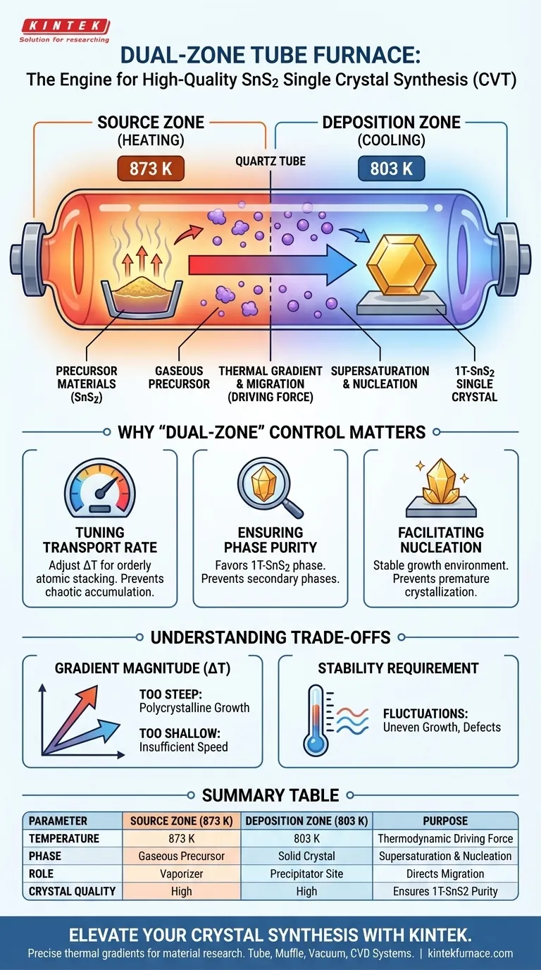 Какова основная роль трубчатой печи с двумя температурными зонами в CVT? Точный контроль градиента для синтеза SnS2 Визуальное руководство