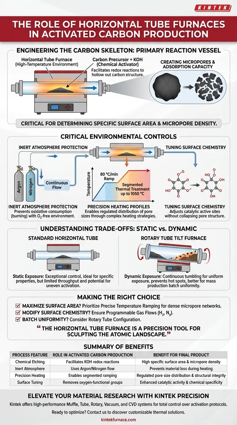 Quel rôle joue un four tubulaire horizontal dans la production de charbon actif ? Maîtriser l'activation de haute précision Guide Visuel
