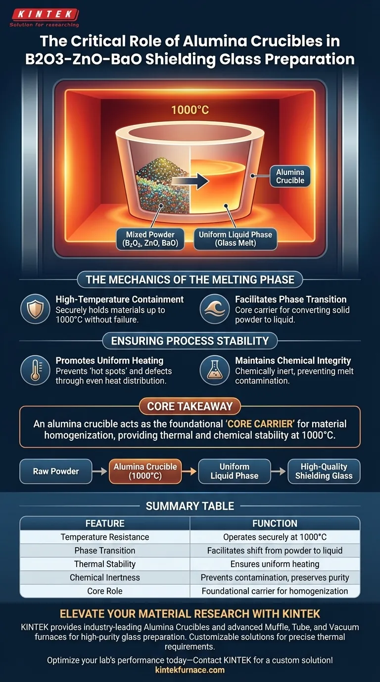 Qual é a função principal de um cadinho de alumina na preparação de vidro de blindagem B2O3–ZnO–BaO? Segredos do Processo Revelados Guia Visual