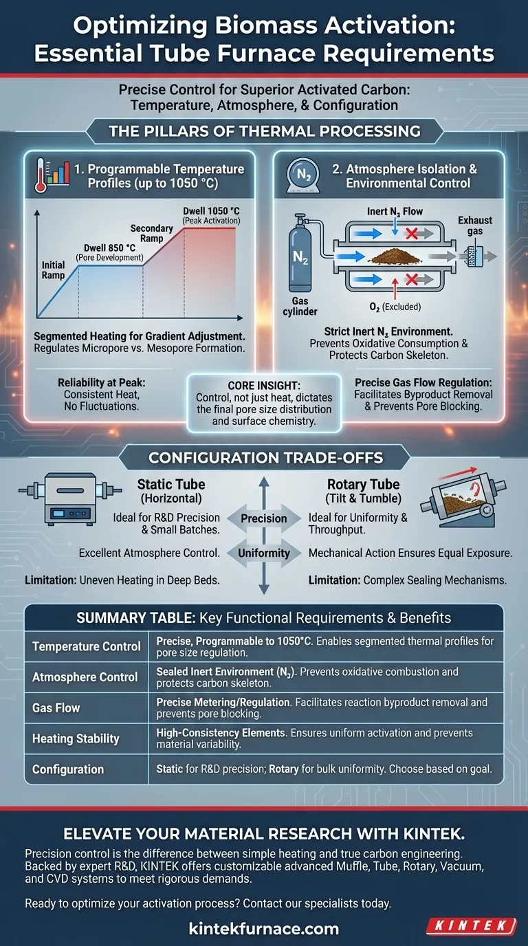 Quais são os requisitos funcionais essenciais para um forno tubular usado no processo de ativação de carvão ativado de biomassa? Guia Visual