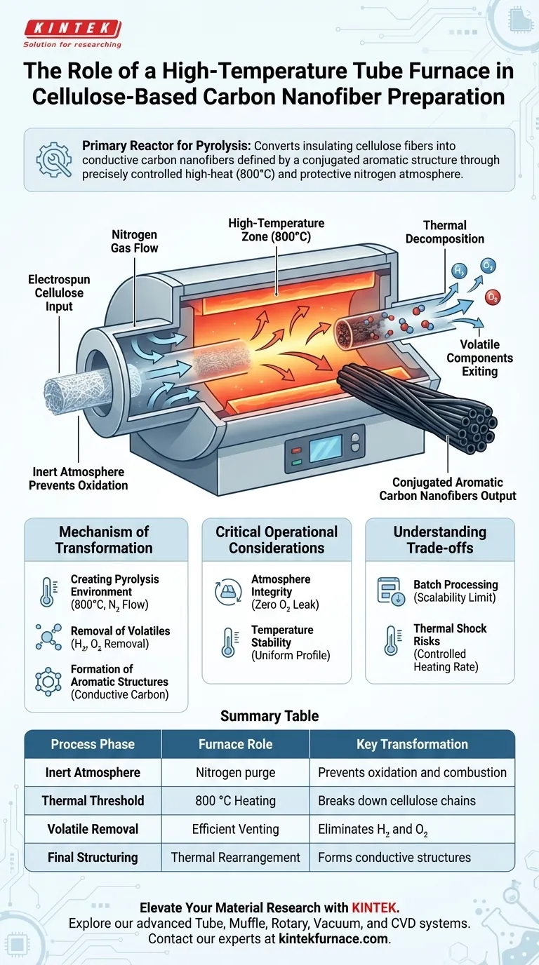 ¿Qué papel juega un horno tubular de alta temperatura en la preparación de nanofibras de carbono a base de celulosa? Guía Visual
