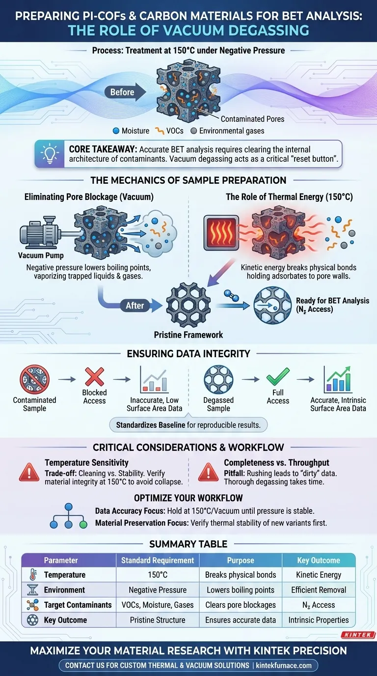 ¿Cómo preparan los sistemas de desgasificación por vacío los PI-COF para el análisis BET? Garantice datos precisos de área superficial y poros. Guía Visual