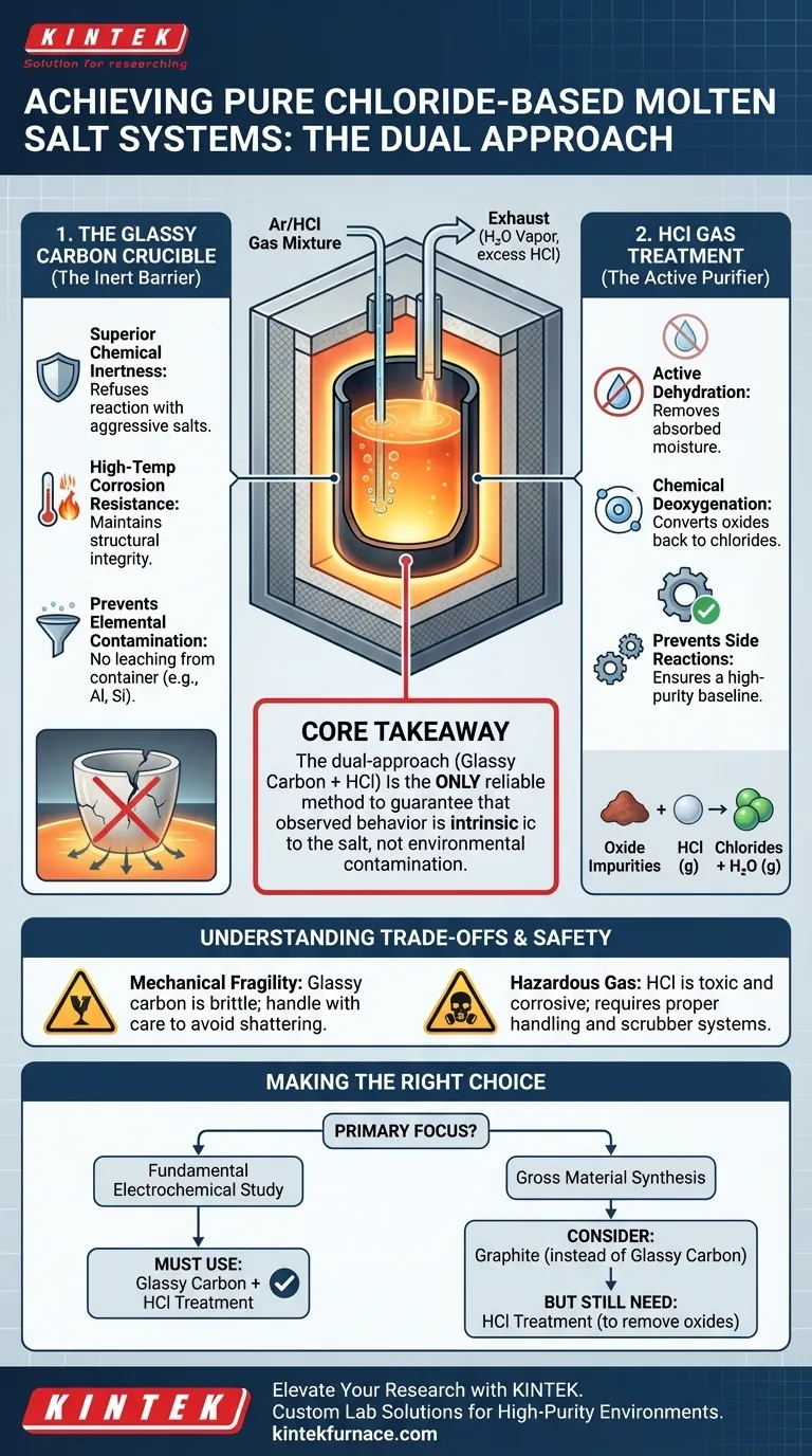 Qual é o propósito de utilizar um cadinho de carbono vítreo e tratamento com gás HCl? Garanta sistemas de sal fundido puros Guia Visual