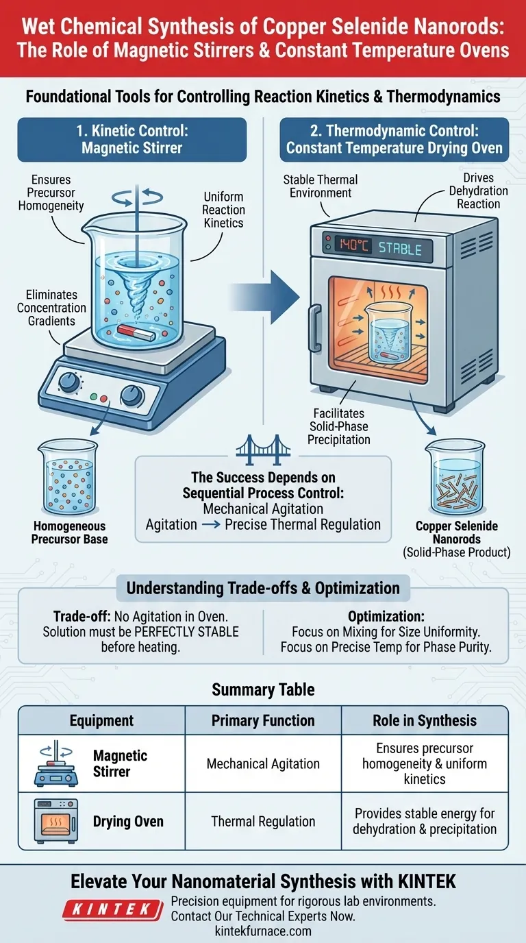 在硒化亚铜纳米棒的湿化学合成中，如何利用磁力搅拌器和恒温烘箱？ 图解指南
