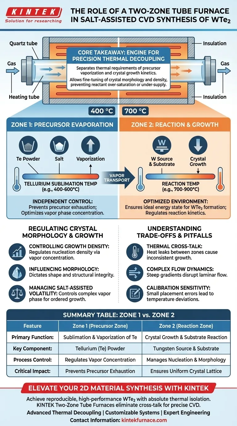 Какова роль двухзонной трубчатой печи в синтезе WTe2? Освойте точность CVD с помощью теплового разделения Визуальное руководство
