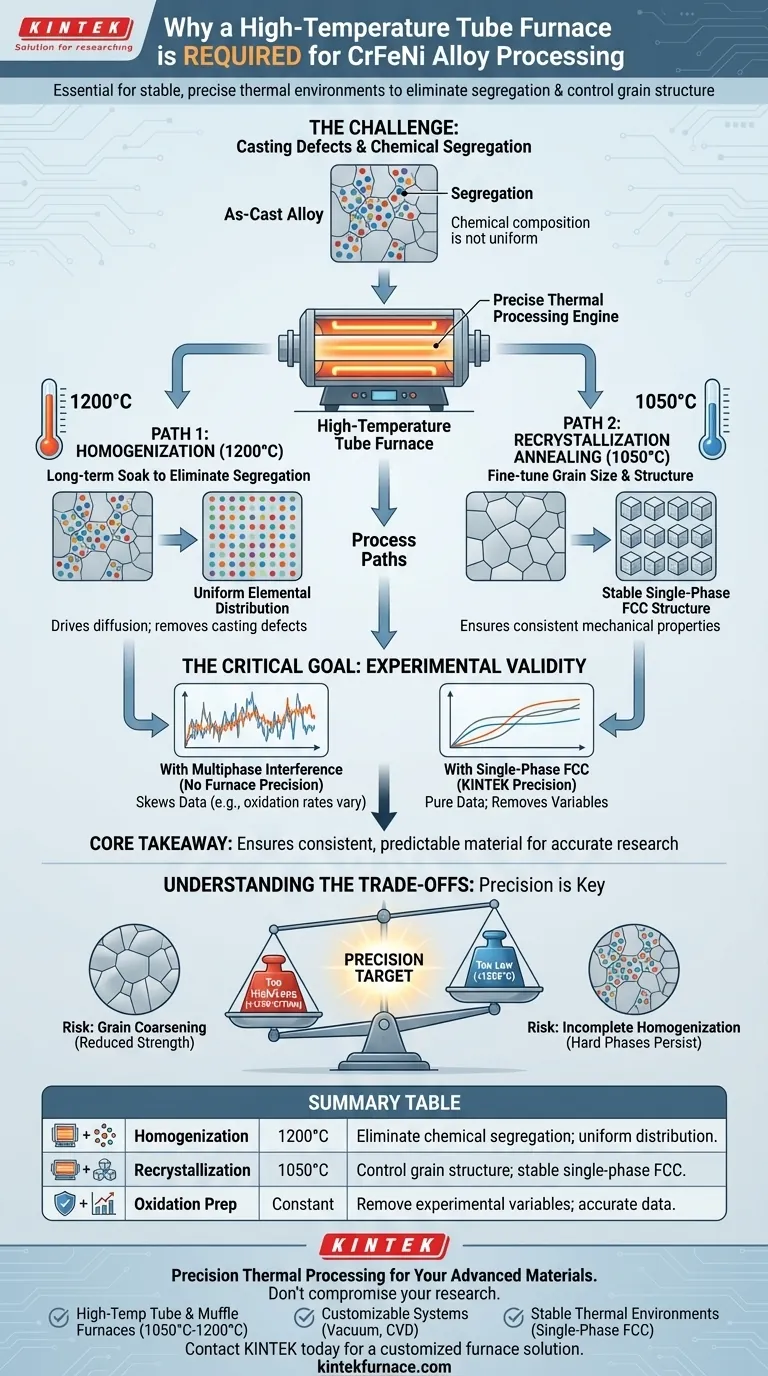 为什么CrFeNi合金处理需要高温管式炉？确保单相显微组织稳定性 图解指南