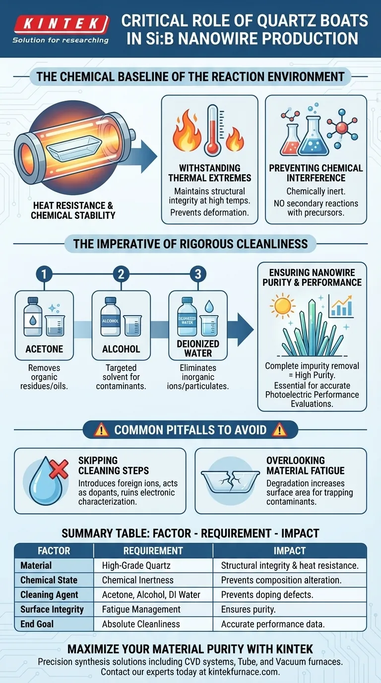 Por que as propriedades e a limpeza do barco de quartzo são críticas para nanofios de Si:B? Garanta o sucesso da síntese de alta pureza Guia Visual
