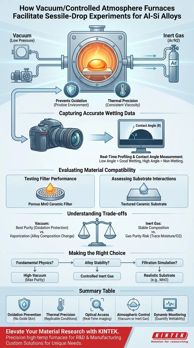 Como um forno a vácuo ou atmosfera controlada facilita os experimentos de gota séssil? Otimizar a análise de molhabilidade de ligas Guia Visual