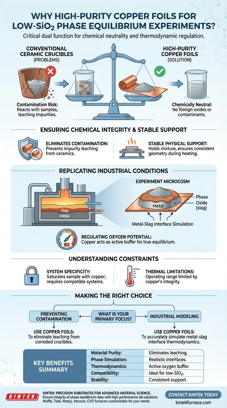 Por que as folhas de cobre de alta pureza são usadas como substratos de suporte em experimentos de equilíbrio de fase com baixo teor de SiO2? Guia Visual