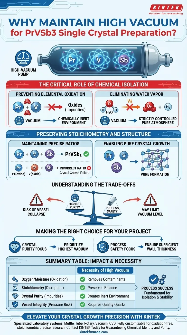 Por que é necessário manter um alto vácuo para a preparação de cristais únicos de PrVSb3? Garanta pureza e estequiometria Guia Visual